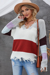 Color Block Distressed V-Neck Ribbed Sweater - Shah S. Sahota